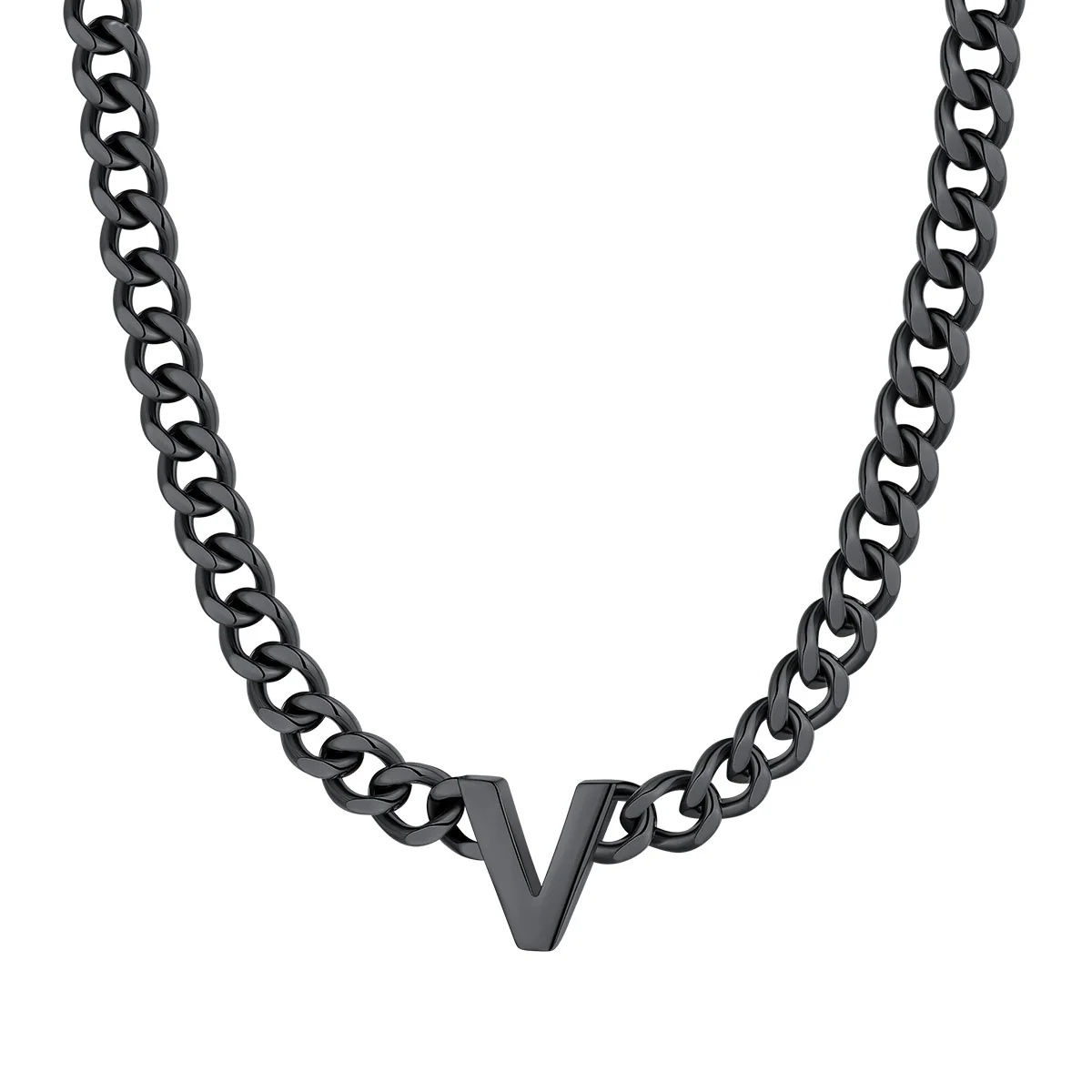 Initial V Cuban Chain Necklace for Men Women 7MM Black 