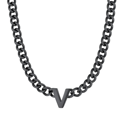 Initial V Cuban Chain Necklace for Men Women 7MM Black 