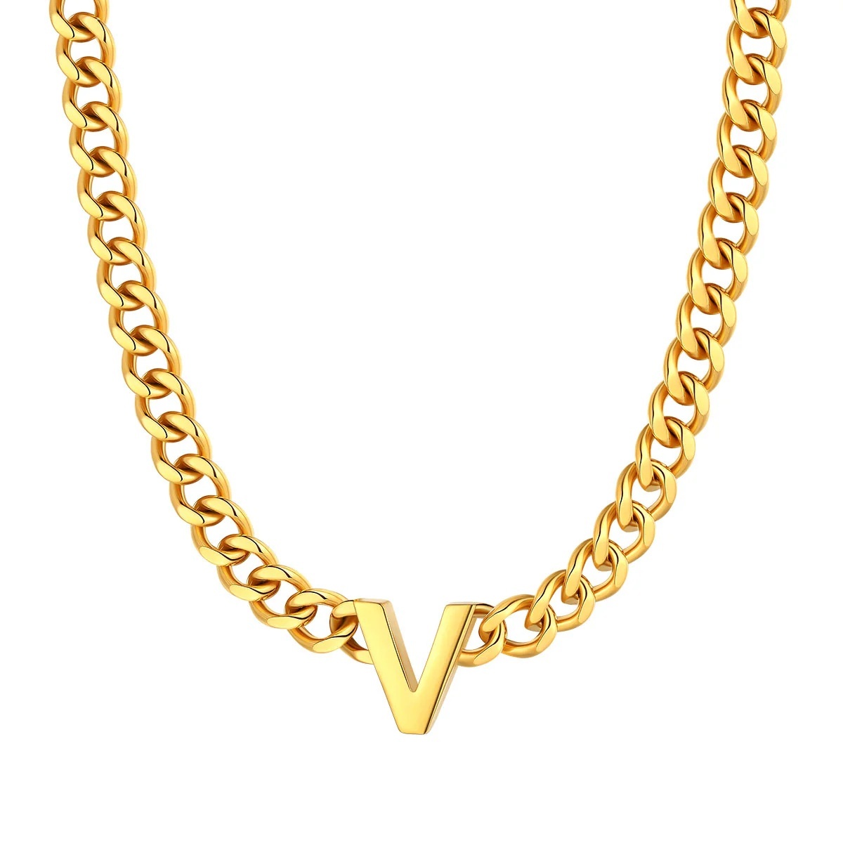 Initial V Cuban Chain Necklace for Men Women 7MM gold 