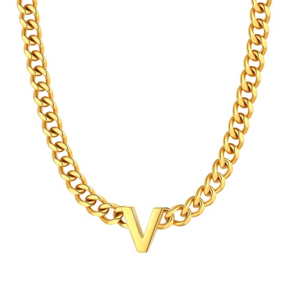 Initial V Cuban Chain Necklace for Men Women 7MM gold 