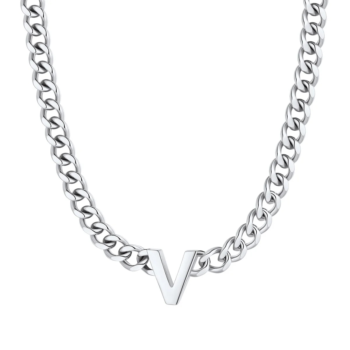 Initial V Cuban Chain Necklace for Men Women 7MM