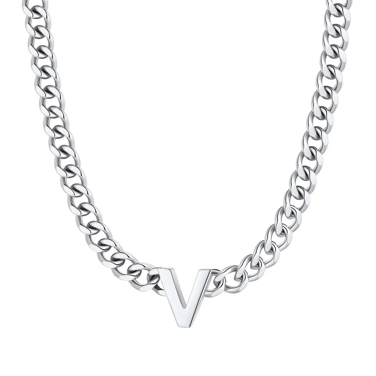 Initial V Cuban Chain Necklace for Men Women 7MM