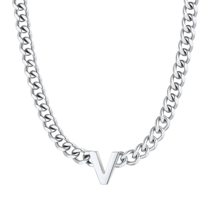 Initial V Cuban Chain Necklace for Men Women 7MM