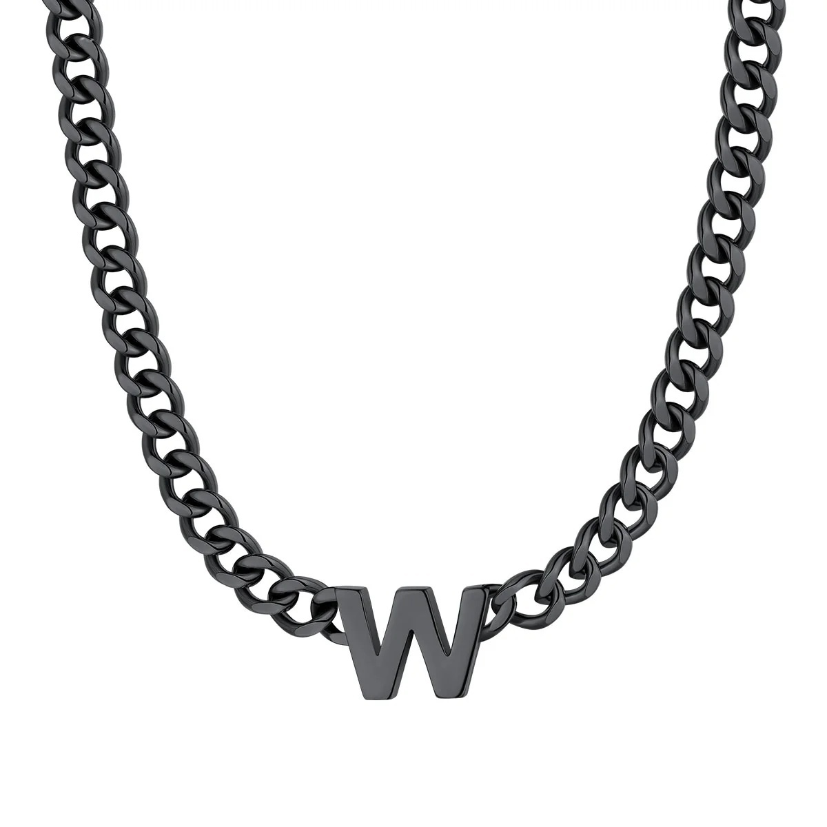 Initial W Cuban Chain Necklace for Men Women 7MM Black 