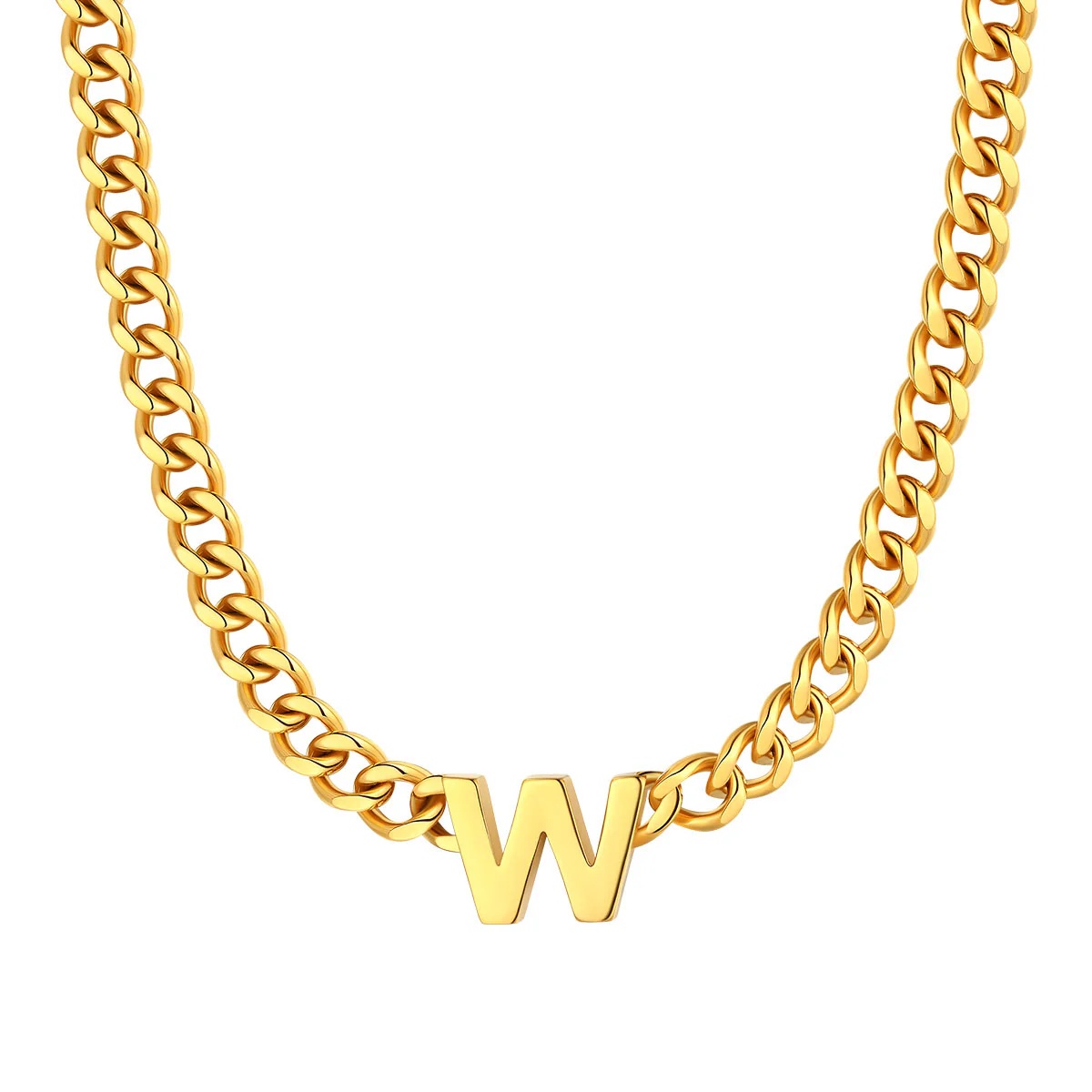 Initial W Cuban Chain Necklace for Men Women 7MM gold 