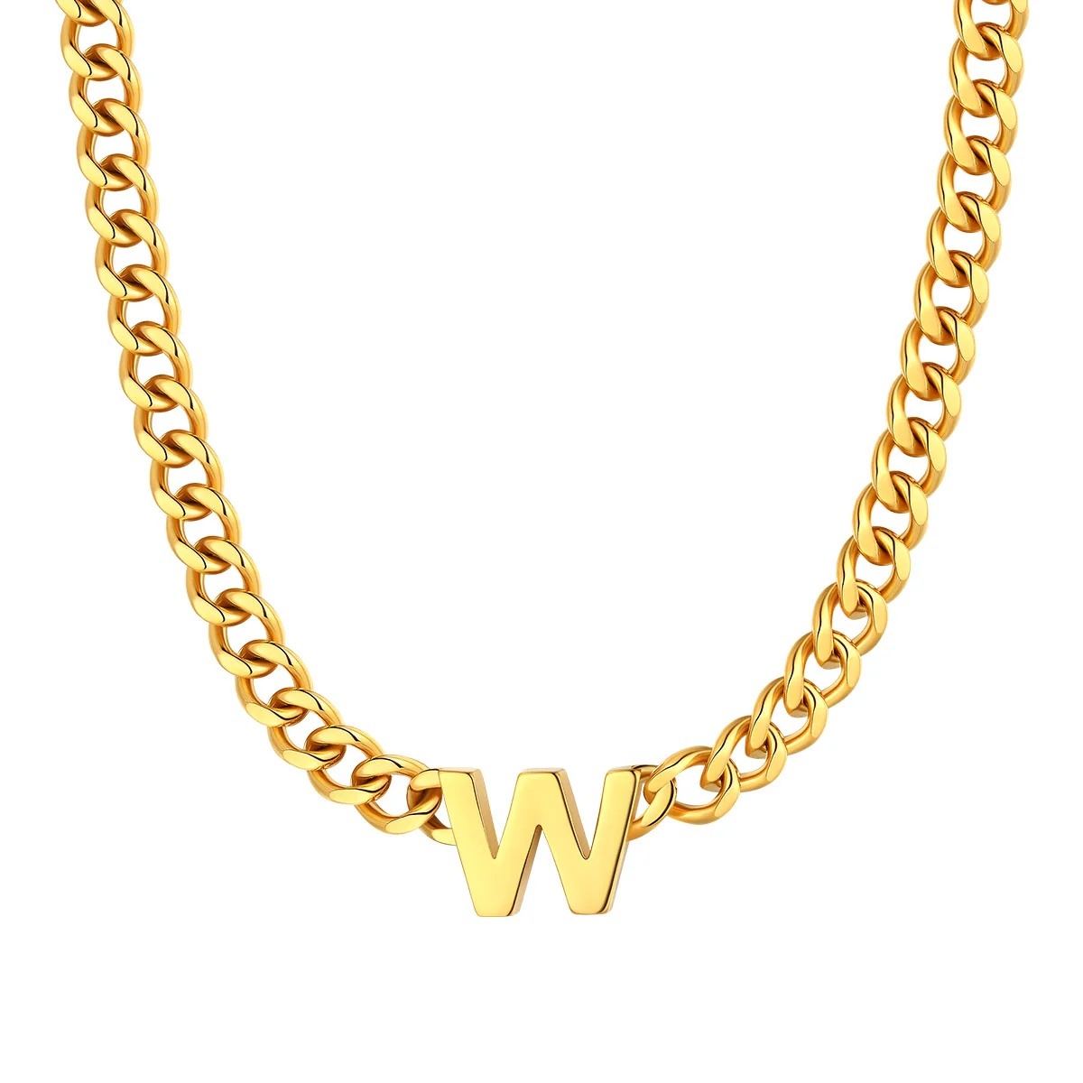 Initial W Cuban Chain Necklace for Men Women 7MM gold 