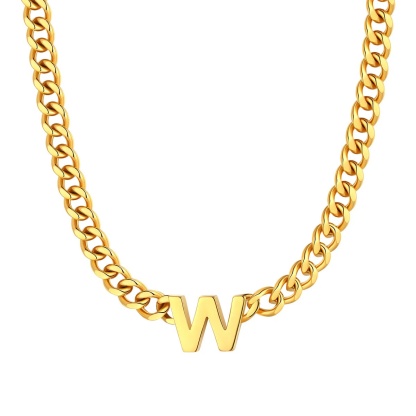 Initial W Cuban Chain Necklace for Men Women 7MM gold 