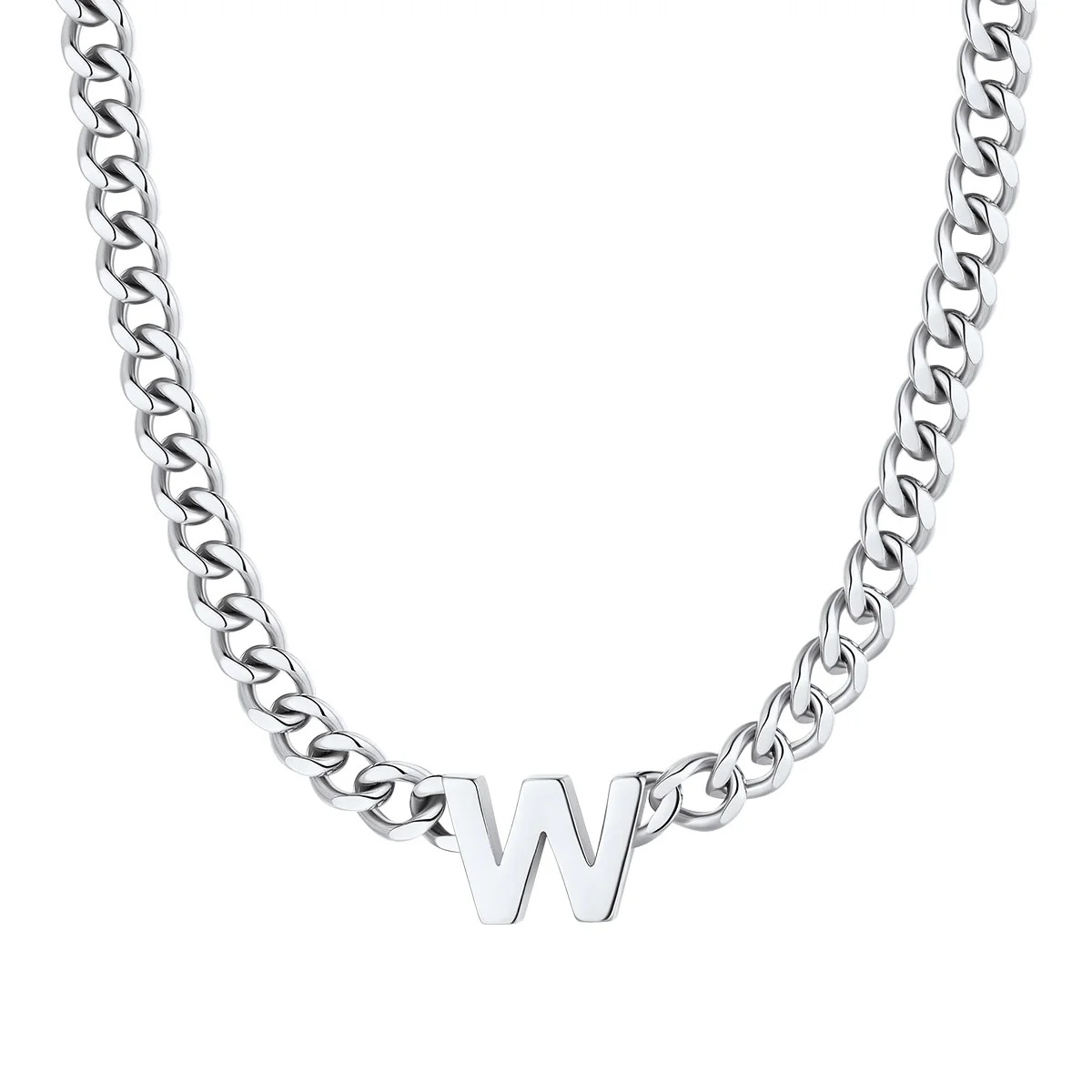 Initial W Cuban Chain Necklace for Men Women 7MM
