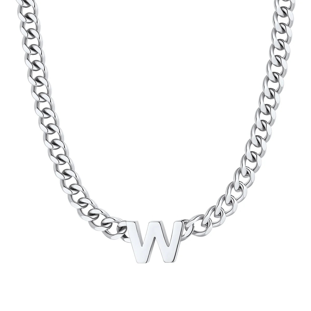 Initial W Cuban Chain Necklace for Men Women 7MM