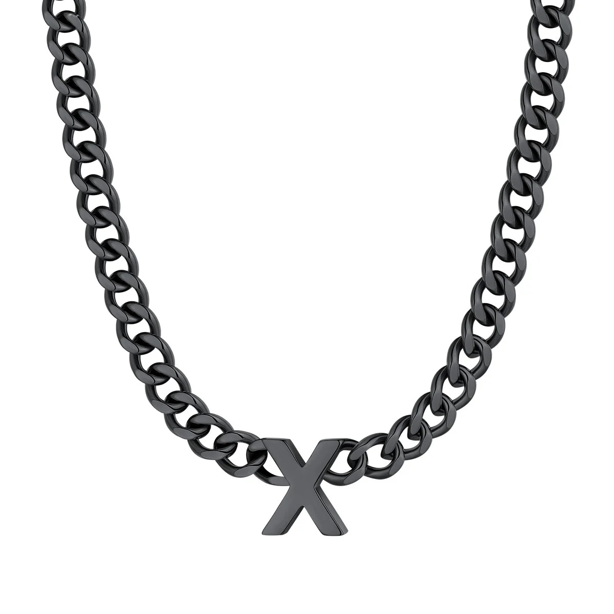 Initial X Cuban Chain Necklace for Men Women 7MM Black 