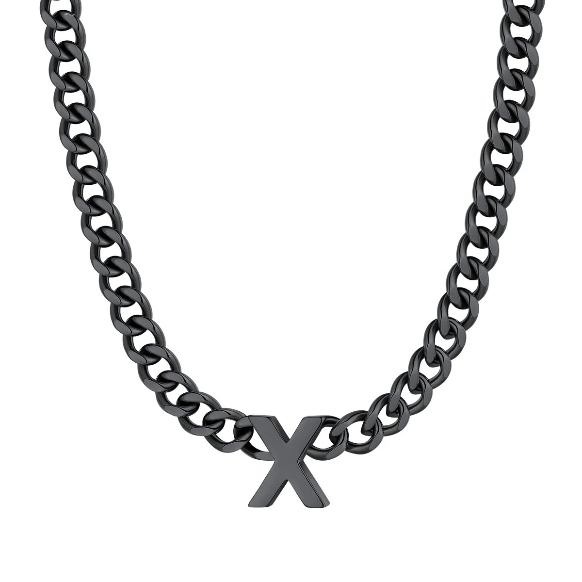 Initial X Cuban Chain Necklace for Men Women 7MM Black 