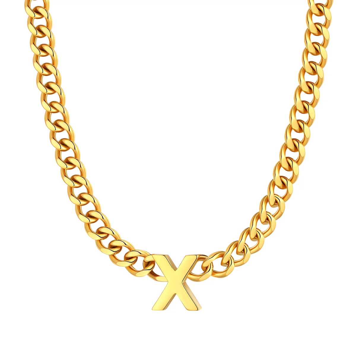 Initial X Cuban Chain Necklace for Men Women 7MM gold 