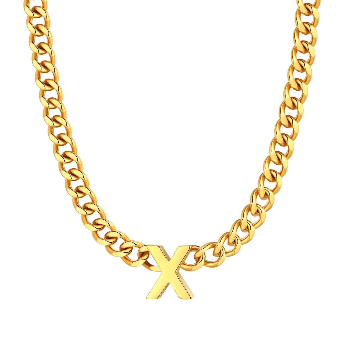 Initial X Cuban Chain Necklace for Men Women 7MM gold 