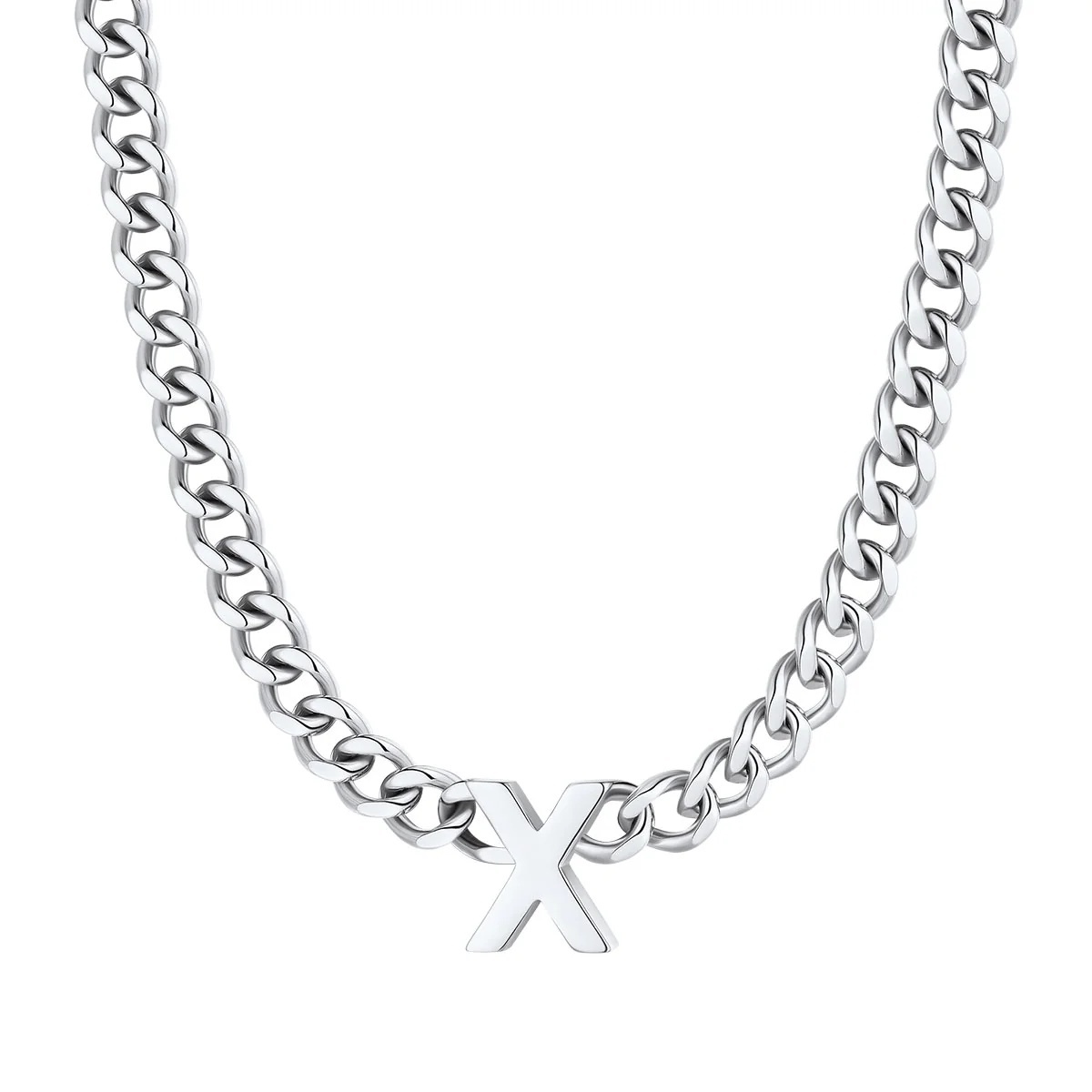 Initial X Cuban Chain Necklace for Men Women 7MM