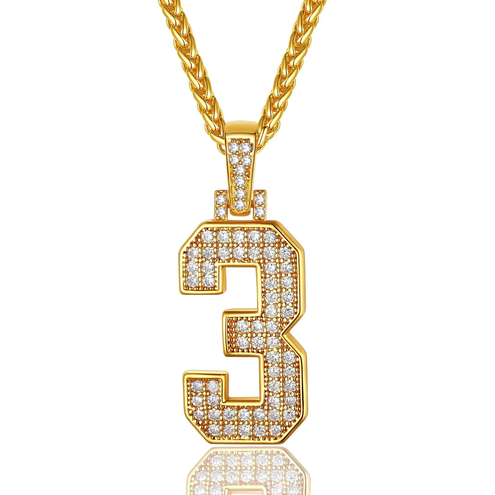 gold Sports Jersey Number 3 Necklace Cubic Zirconia