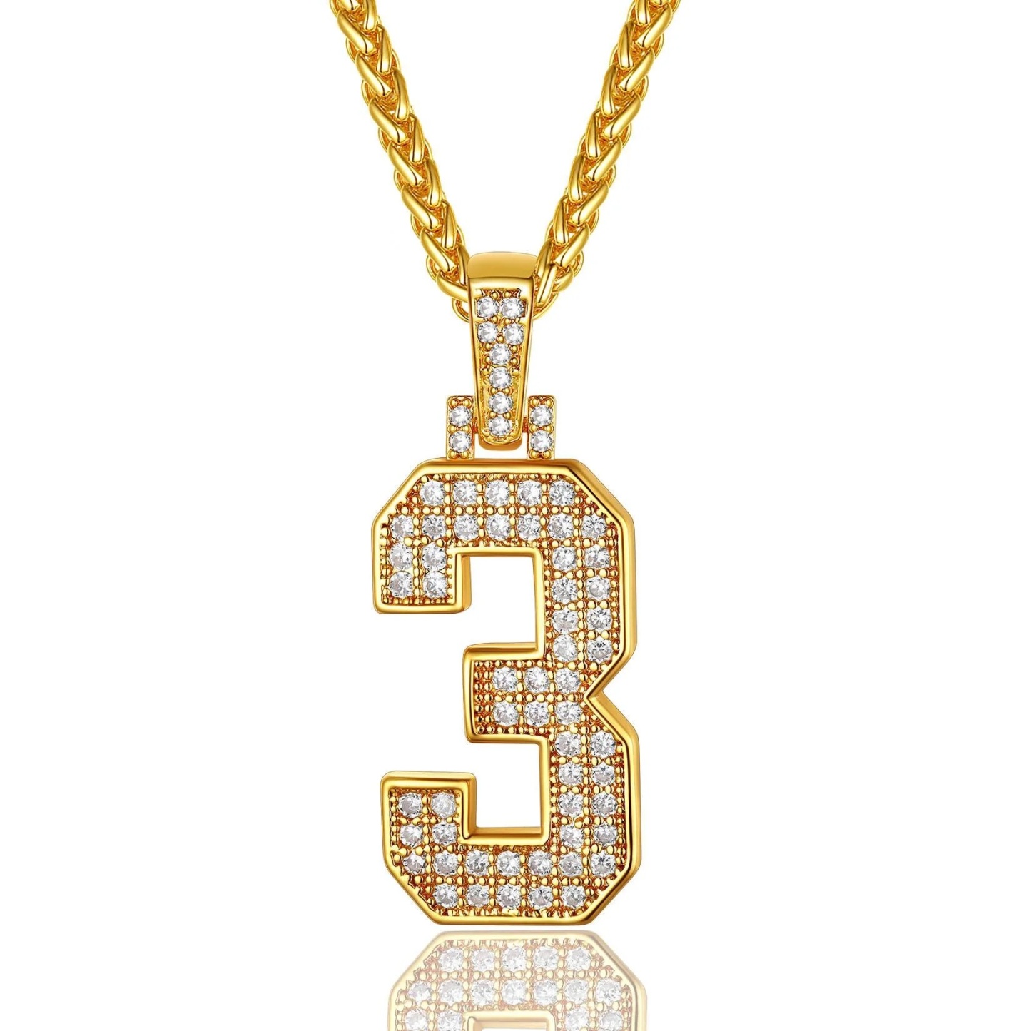 gold Sports Jersey Number 3 Necklace Cubic Zirconia
