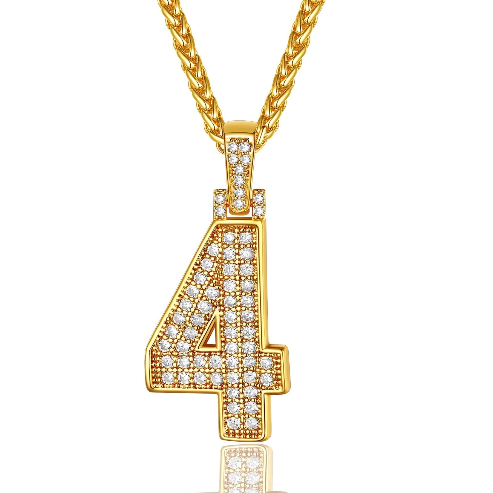 gold Sports Jersey Number 4 Necklace Cubic Zirconia