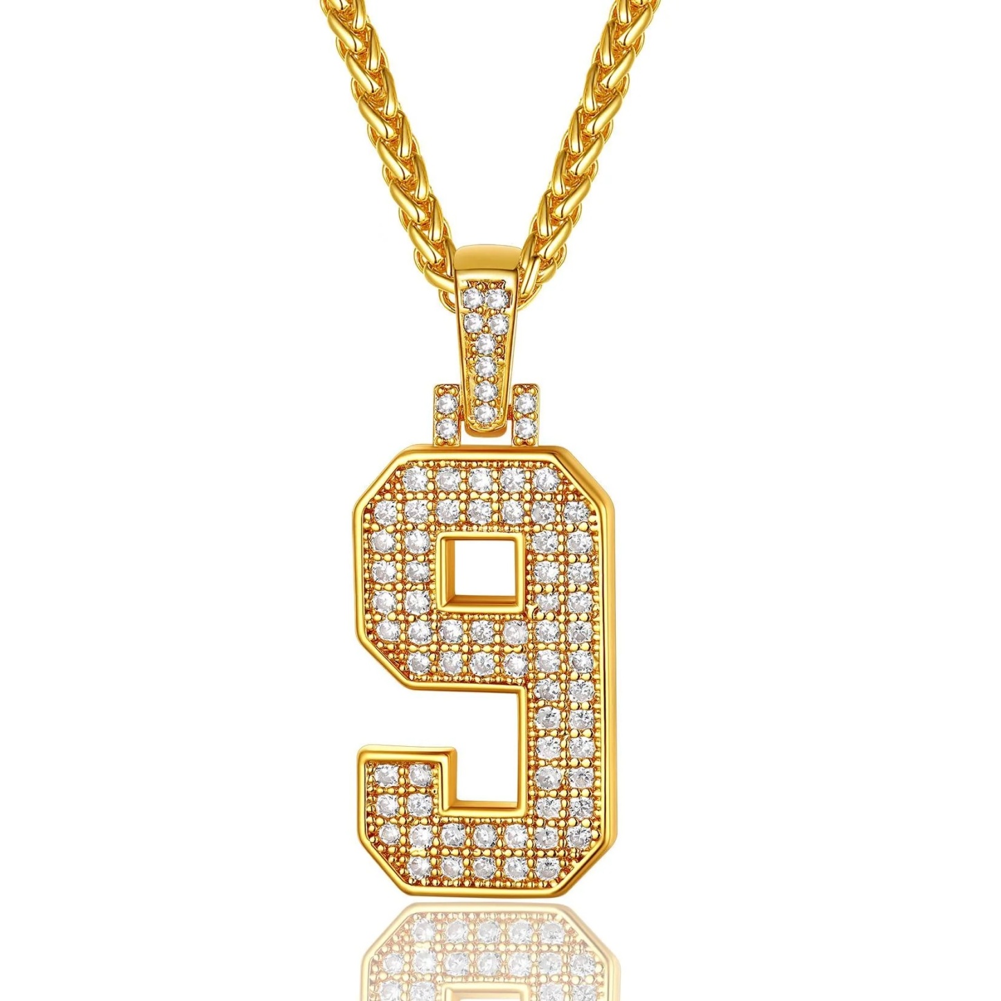 gold Sports Jersey Number 9 Necklace Cubic Zirconia