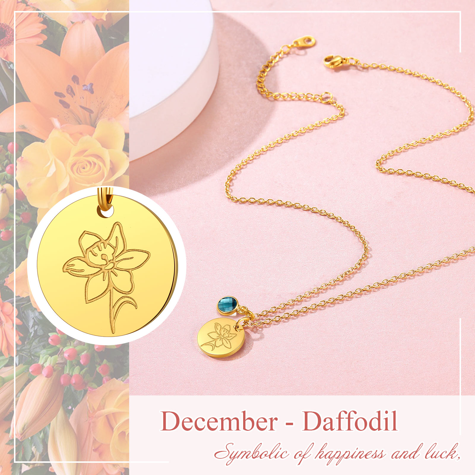 Personalized Birth Flower Birthstone Coin Necklace daffidil