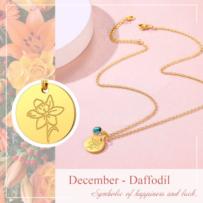 Personalized Birth Flower Birthstone Coin Necklace daffidil