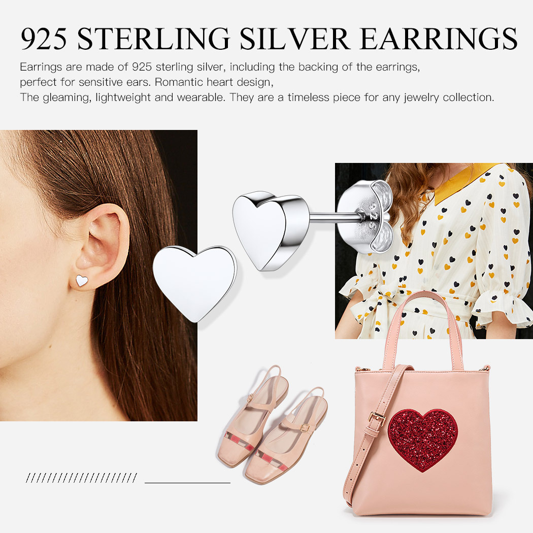 925 Sterling Silver Heart Stud Earrings for Women