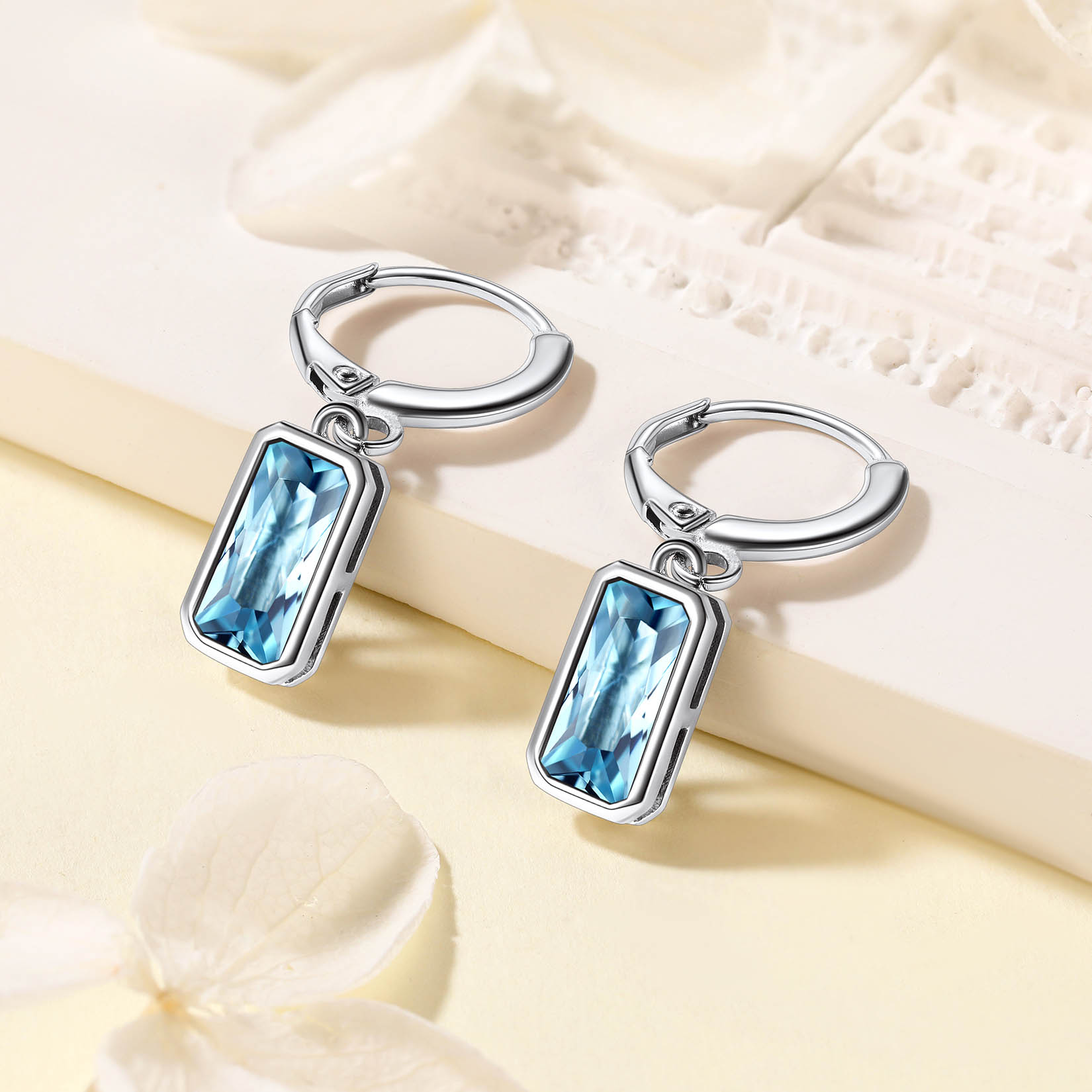 Birthstone Drop Earrings with Rectangular Crystal Hoop Silver Dangle Earring for Women detail