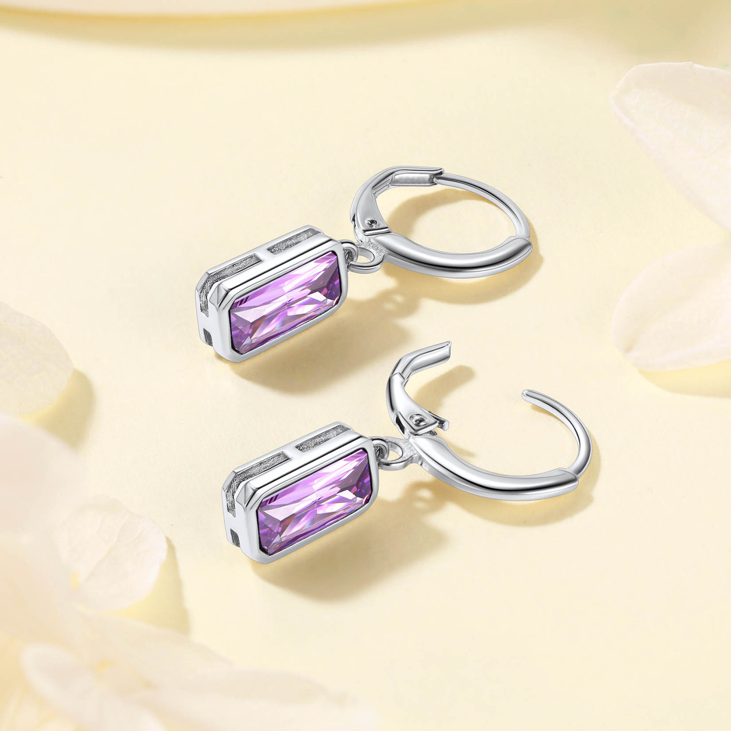Birthstone Drop Earrings with Rectangular Crystal Hoop Silver Dangle Earring detail