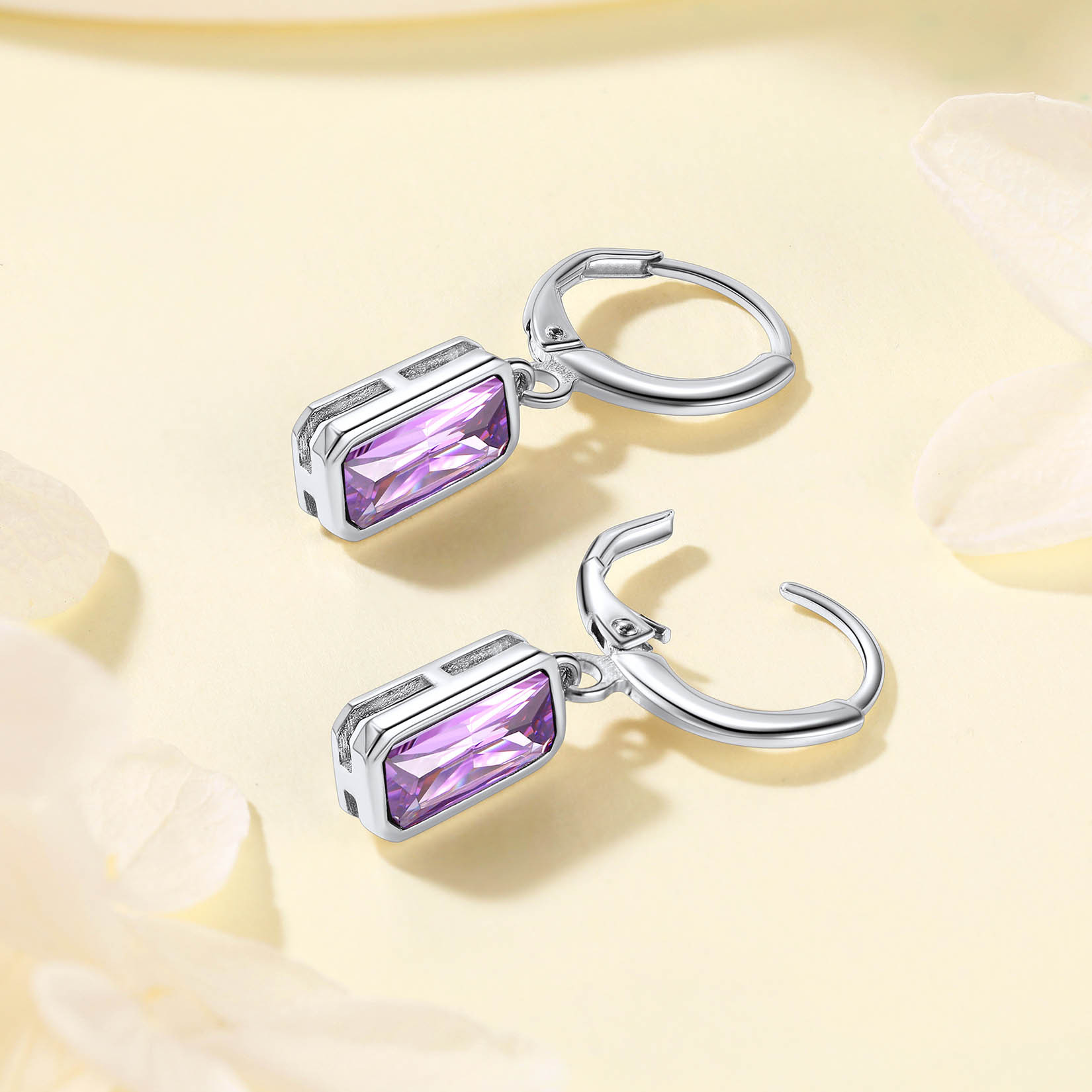 Birthstone Drop Earrings with Rectangular Crystal Hoop Silver Dangle Earring detail