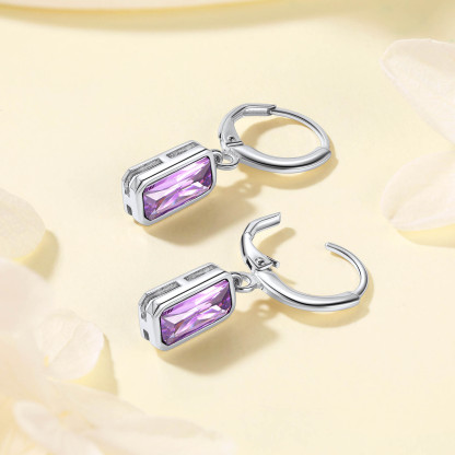 Birthstone Drop Earrings with Rectangular Crystal Hoop Silver Dangle Earring detail