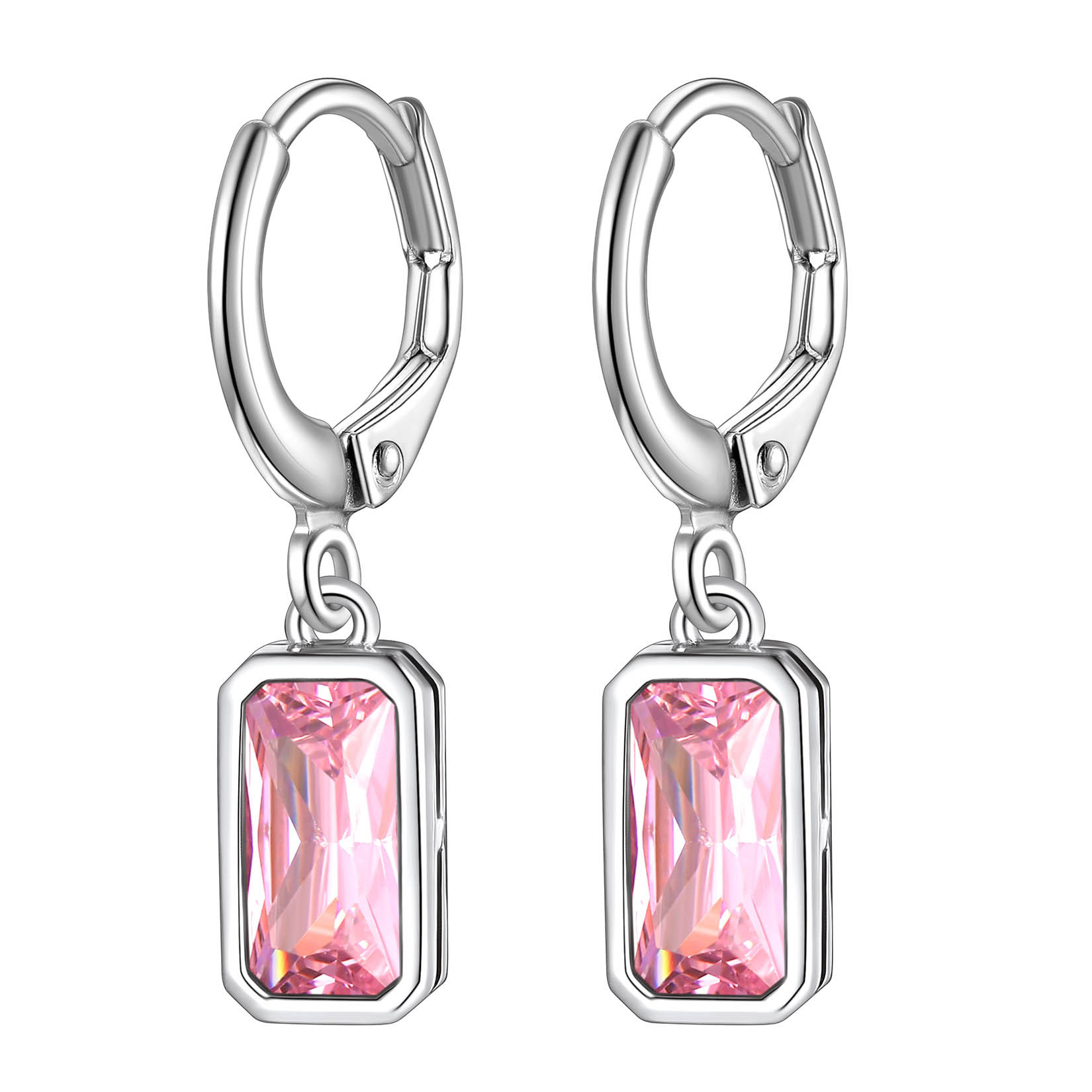 Birthstone Drop Earrings with Rectangular Crystal Hoop Silver Dangle Earring for Women Oct