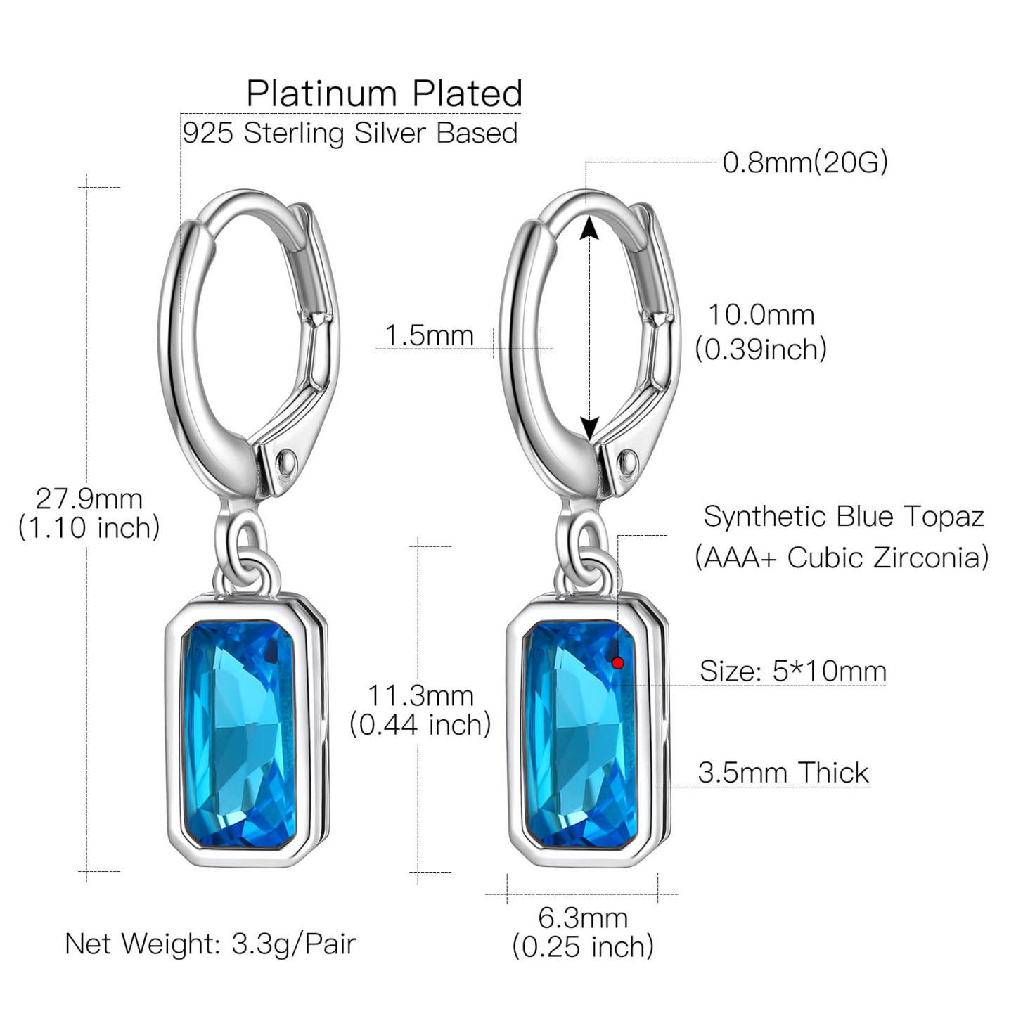 Birthstone Drop Earrings with Rectangular Crystal Hoop Silver Dangle Earring for Women size