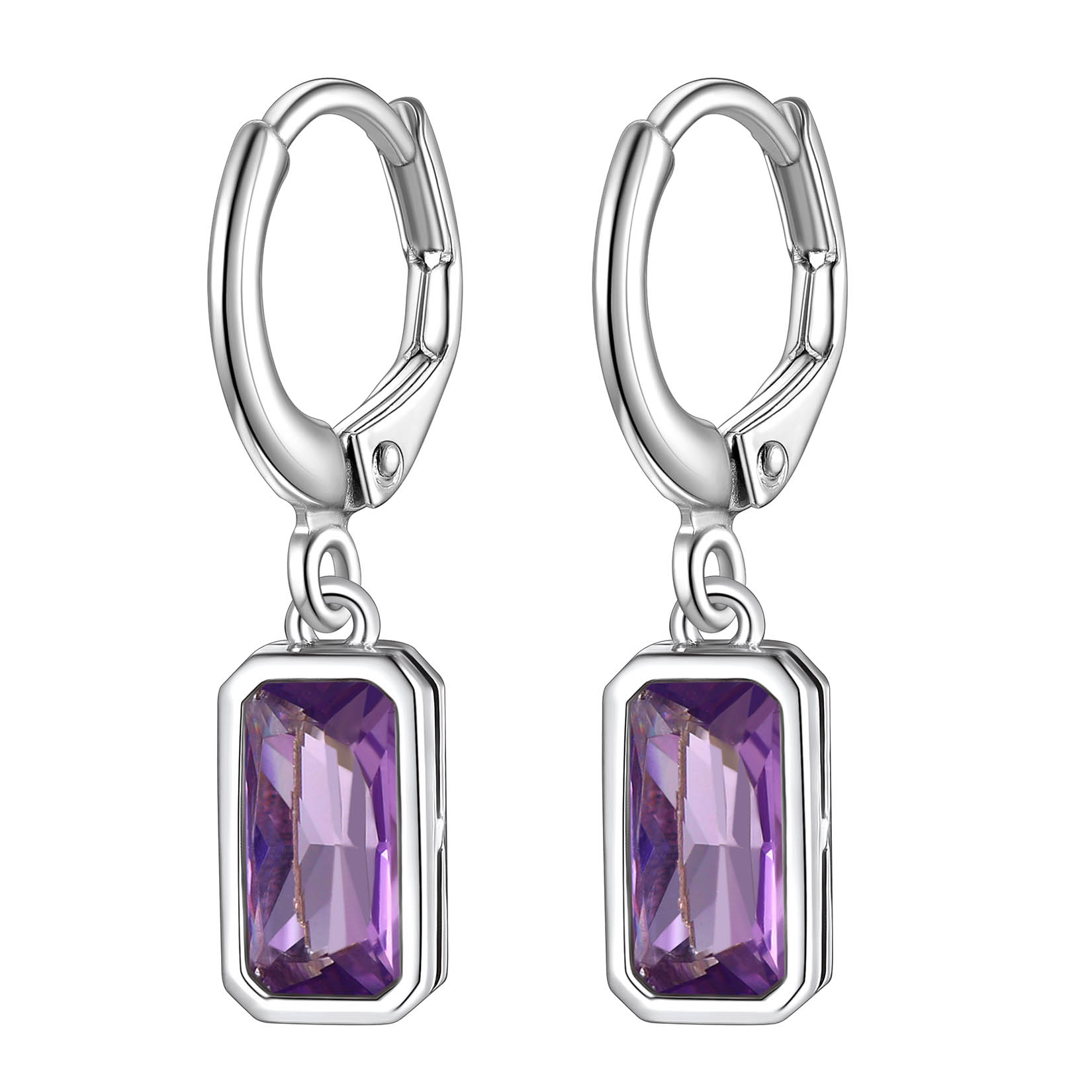 Birthstone Drop Earrings with Rectangular Crystal Hoop Silver Dangle Earring for Women Feb