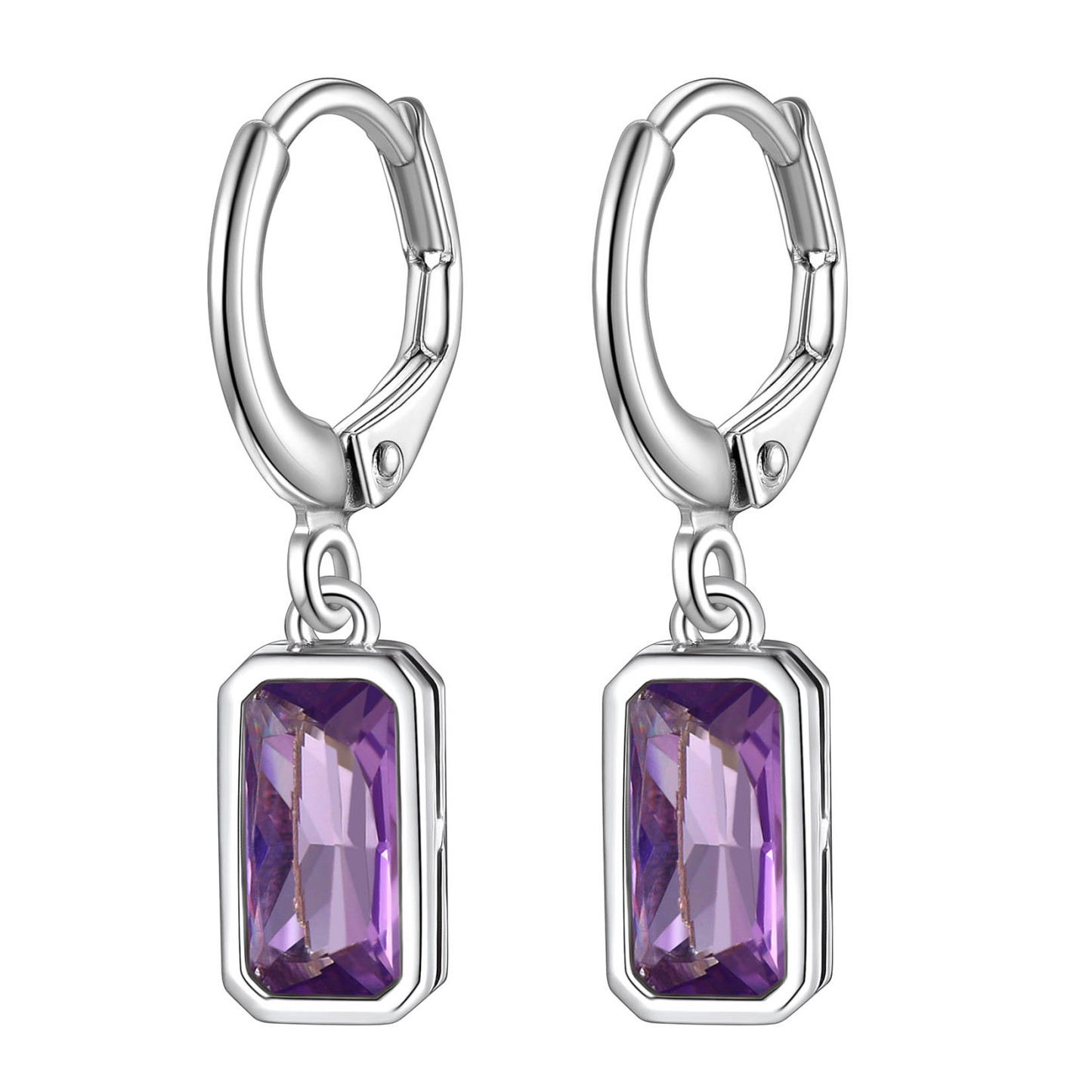 Birthstone Drop Earrings with Rectangular Crystal Hoop Silver Dangle Earring for Women Feb