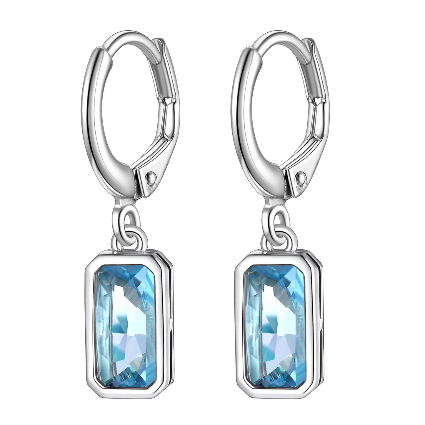 Birthstone Drop Earrings with Rectangular Crystal Hoop Silver Dangle Earring for Women Mar