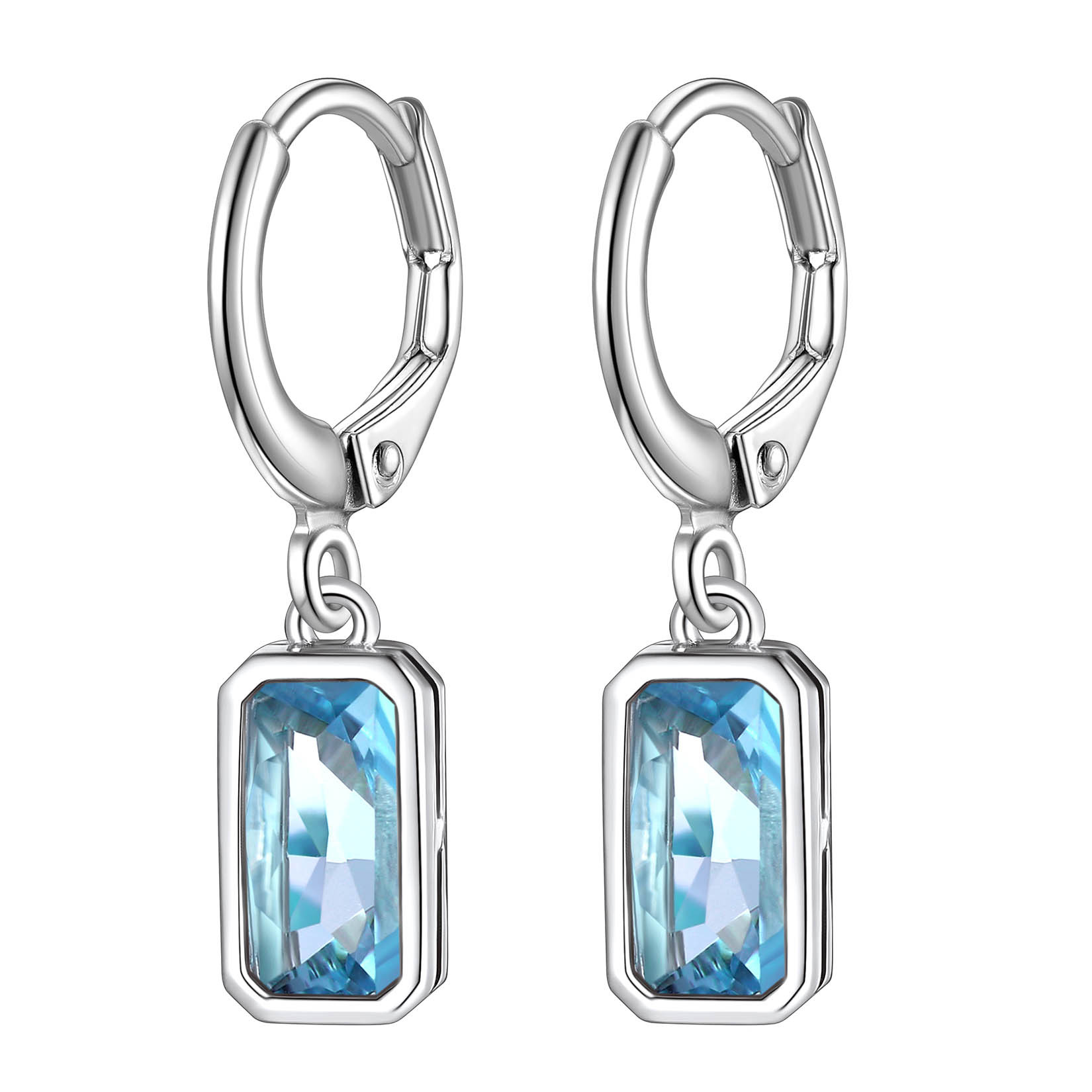 Birthstone Drop Earrings with Rectangular Crystal Hoop Silver Dangle Earring for Women Mar
