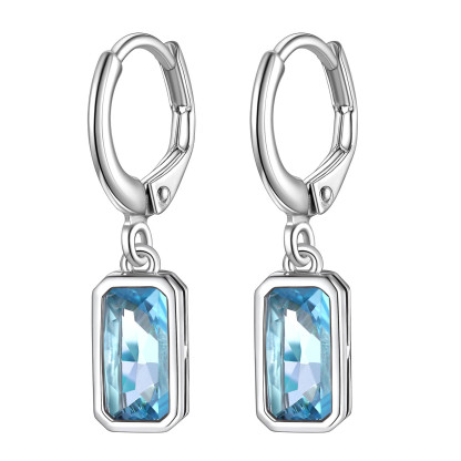 Birthstone Drop Earrings with Rectangular Crystal Hoop Silver Dangle Earring for Women Mar