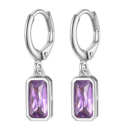 Birthstone Drop Earrings with Rectangular Crystal Hoop Silver Dangle Earring for Women Jun