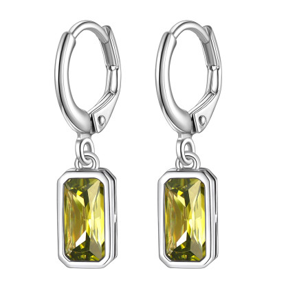Birthstone Drop Earrings with Rectangular Crystal Hoop Silver Dangle Earring for Women Aug
