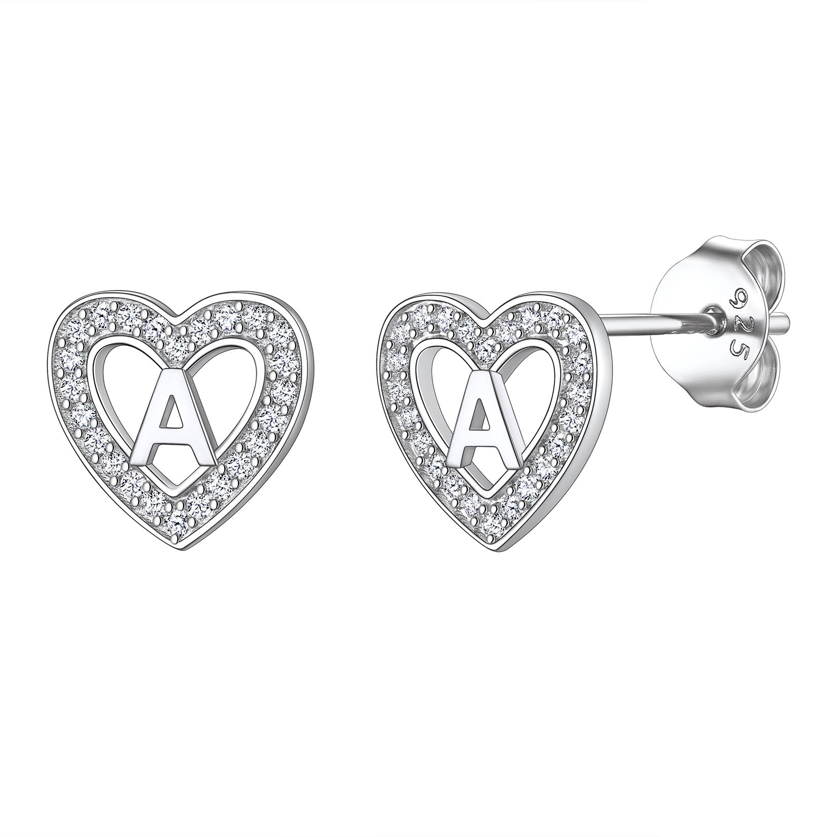 Initial Heart Sterling Silver CZ Stud Earrings for Women 