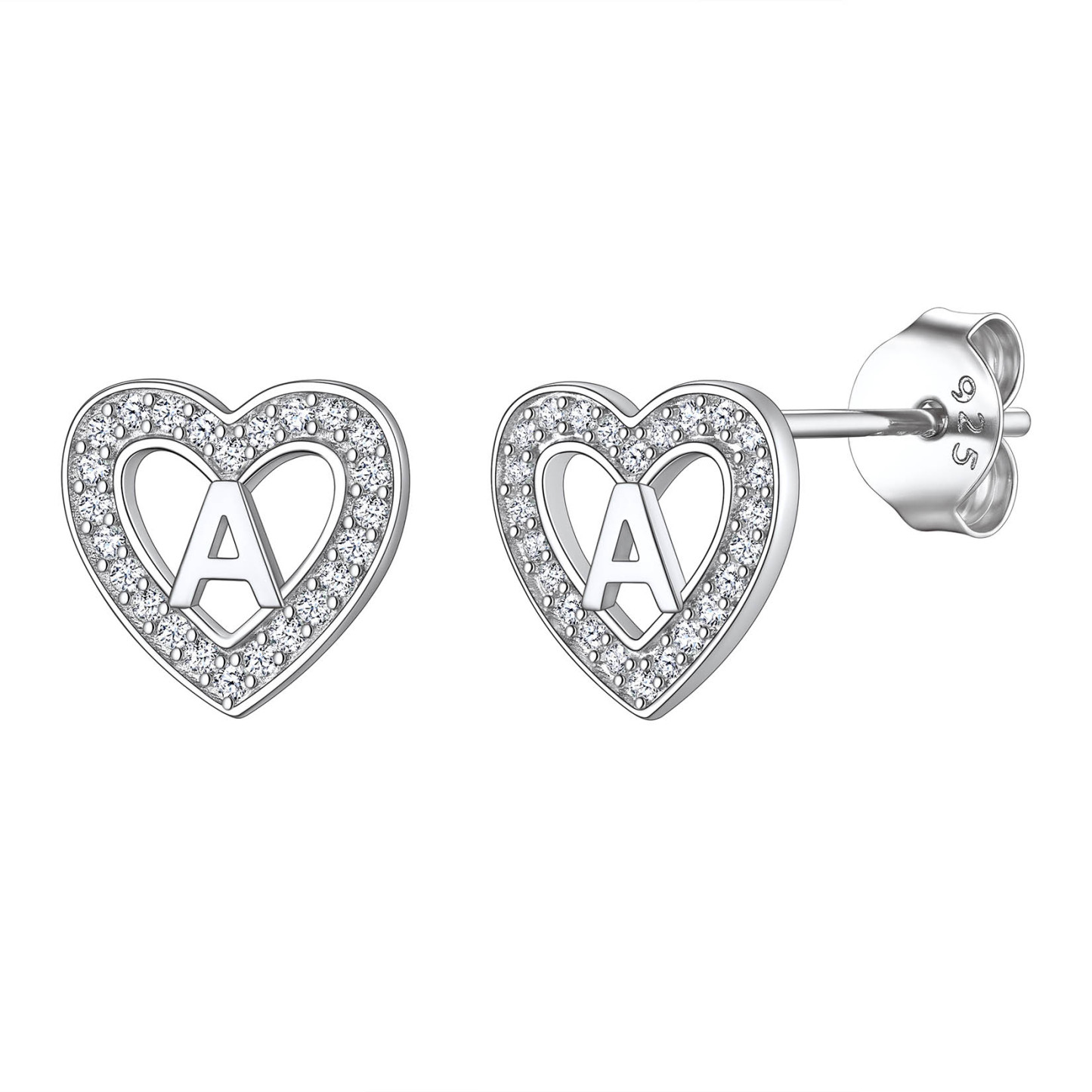 Initial Heart Sterling Silver CZ Stud Earrings for Women
