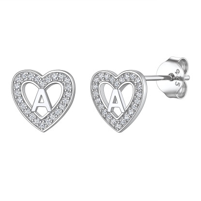 Initial Heart Sterling Silver CZ Stud Earrings for Women