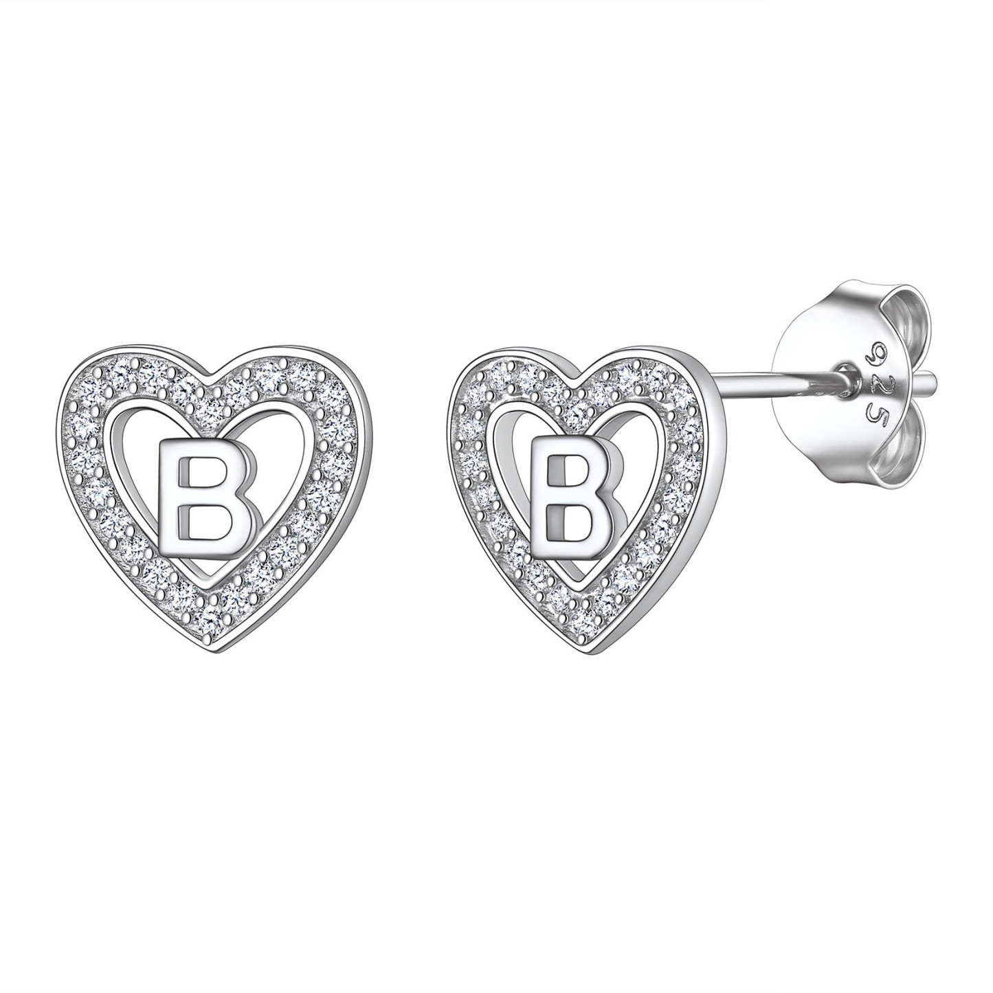 Initial Heart Sterling Silver CZ Stud Earrings for Women 