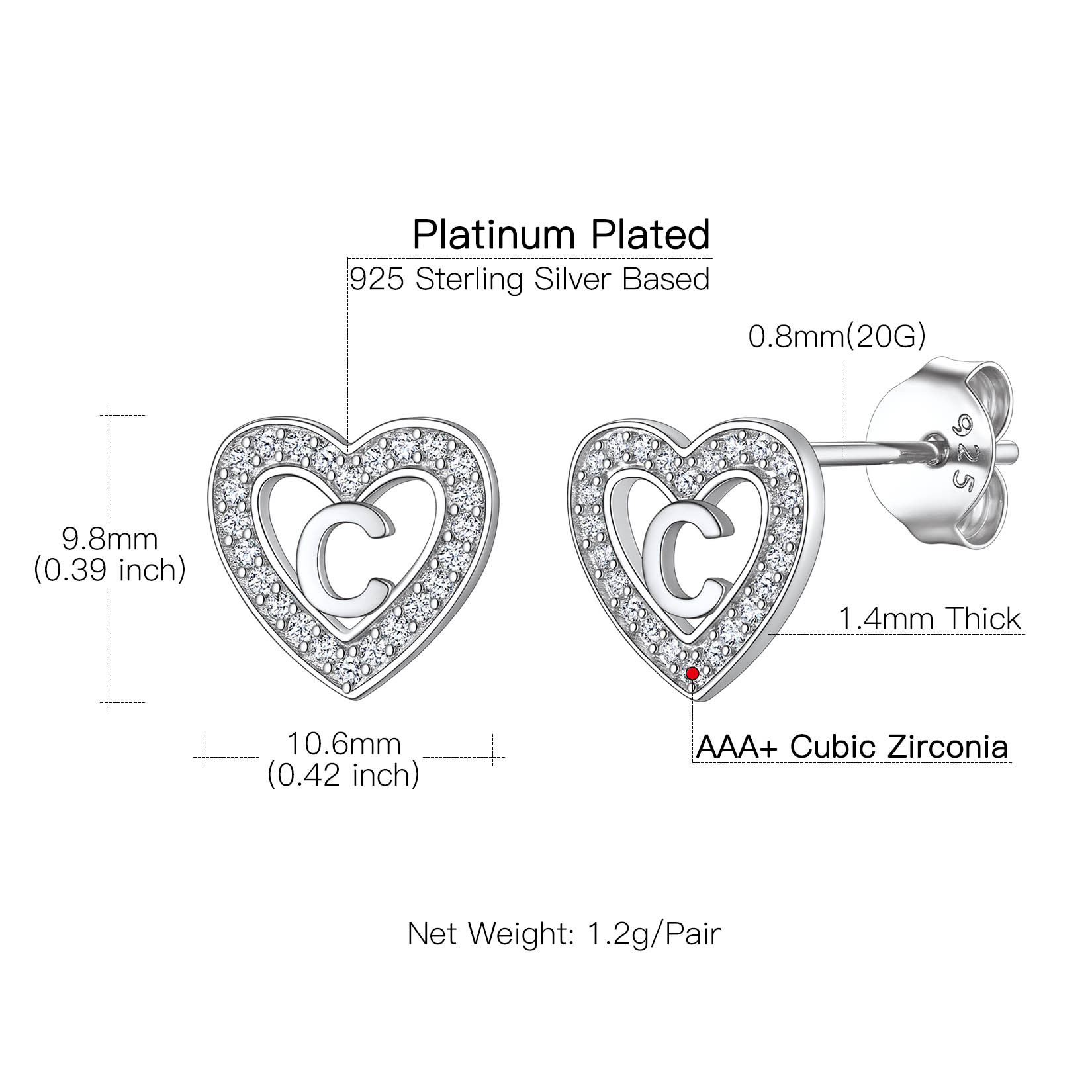 Initial Heart Sterling Silver CZ Stud Earrings for Women 