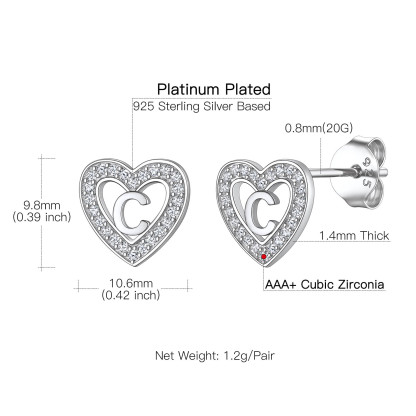 Initial Heart Sterling Silver CZ Stud Earrings for Women 