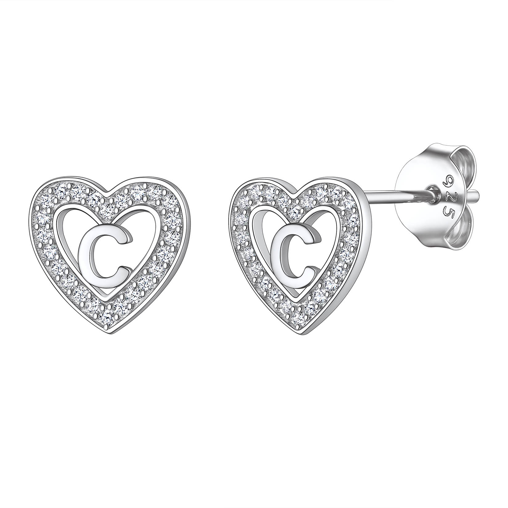 Initial Heart Sterling Silver CZ Stud Earrings for Women 