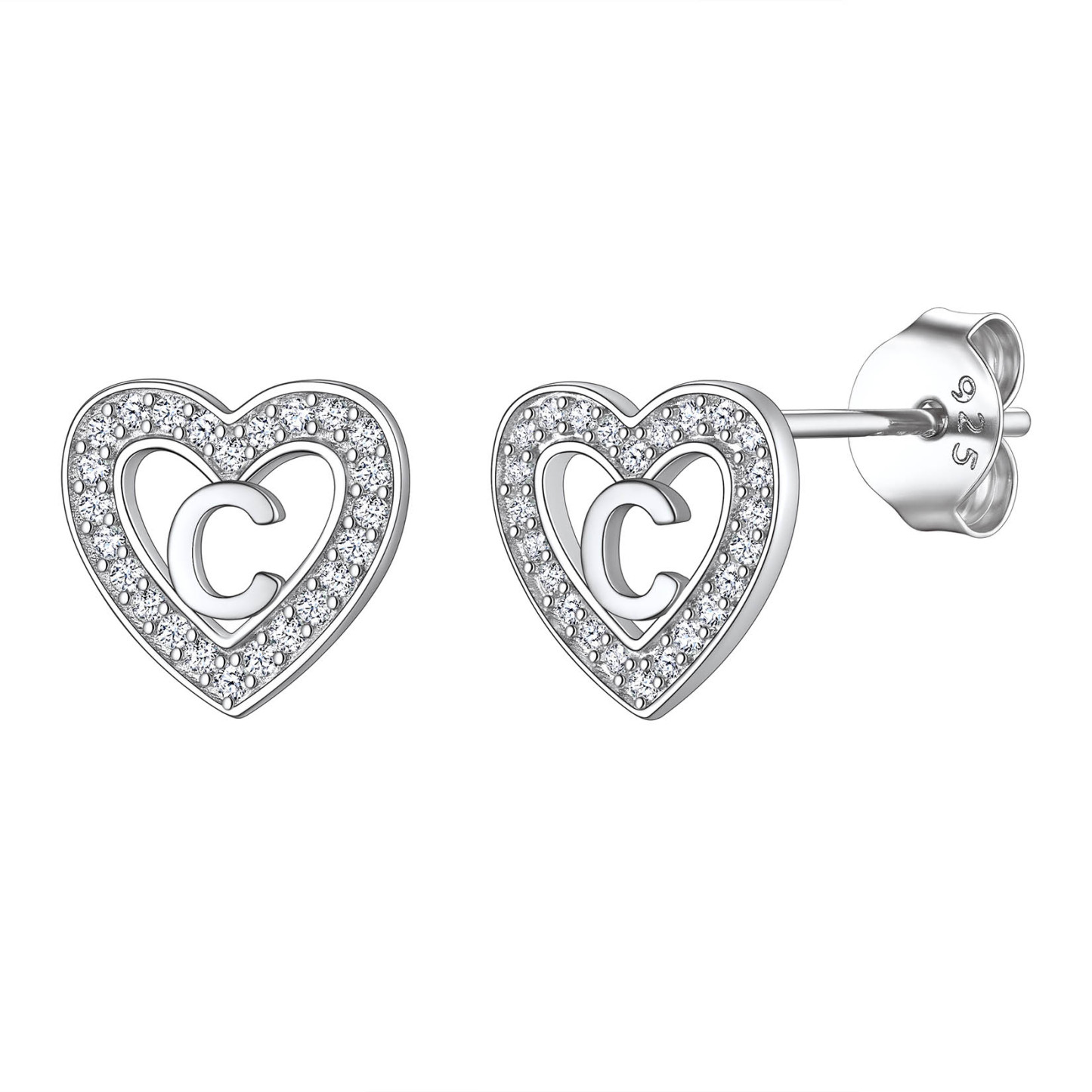 Initial Heart Sterling Silver CZ Stud Earrings for Women 