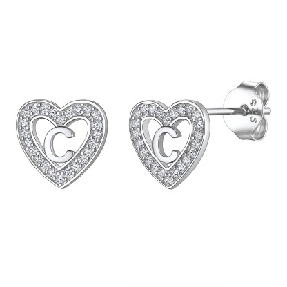 Initial Heart Sterling Silver CZ Stud Earrings for Women 