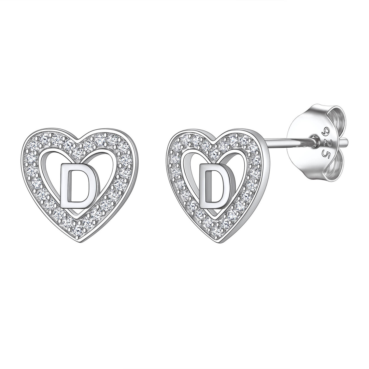 Initial Heart Sterling Silver CZ Stud Earrings for Women 