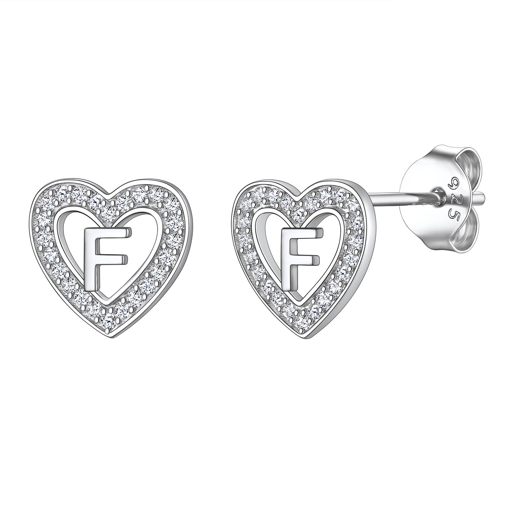Initial Heart Sterling Silver CZ Stud Earrings for Women 