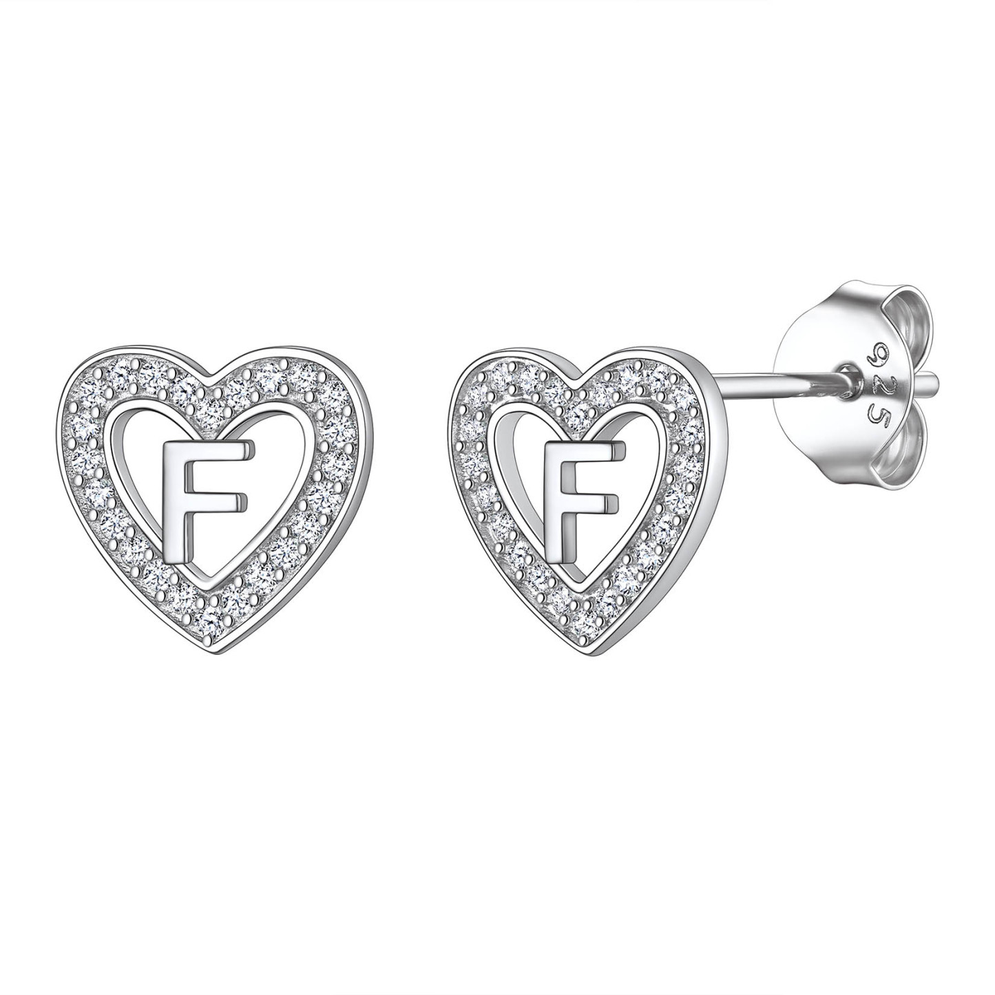 Initial Heart Sterling Silver CZ Stud Earrings for Women 